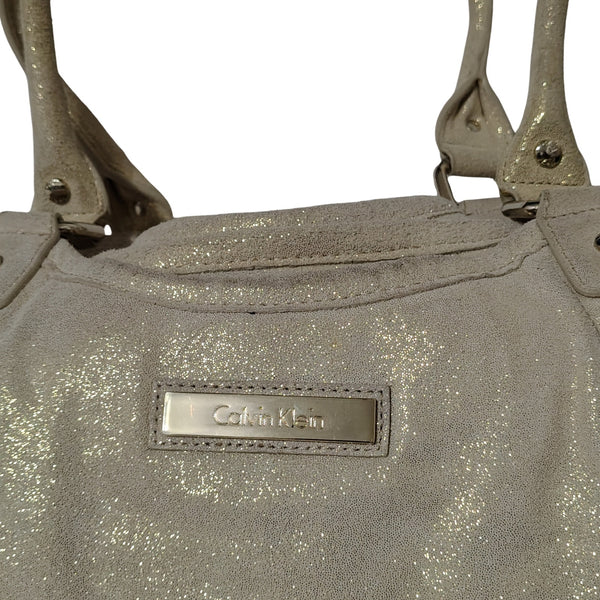 Cream Suede Gold Metallic Calvin Klein Shoulder Bag Double Handle 3 Compartments
