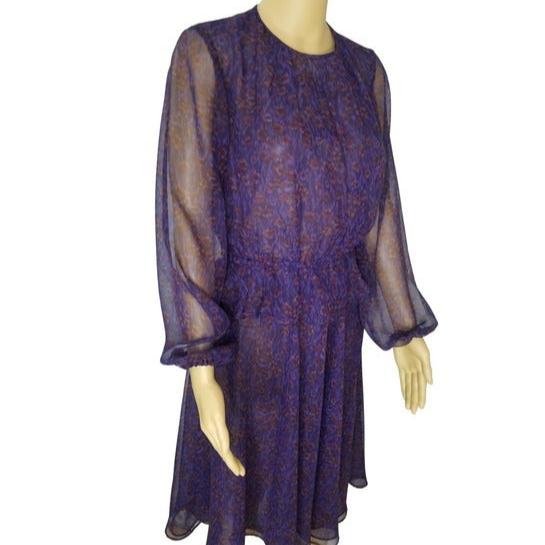 1970s Purple Sheer Leopard Print Peplum Midi Dress Long Sleeve Size 10 [Vintage]
