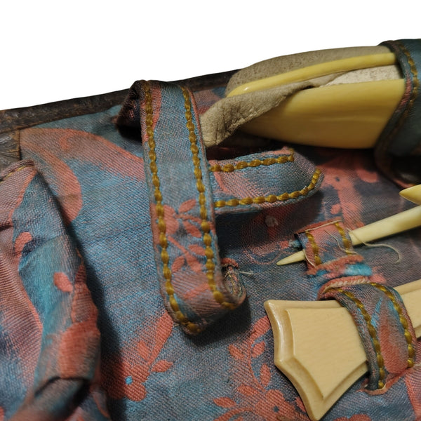 1900-1920 Tooled Leather Floral Celluloid 11 Pc Manicure Set Travel Case [Antique]