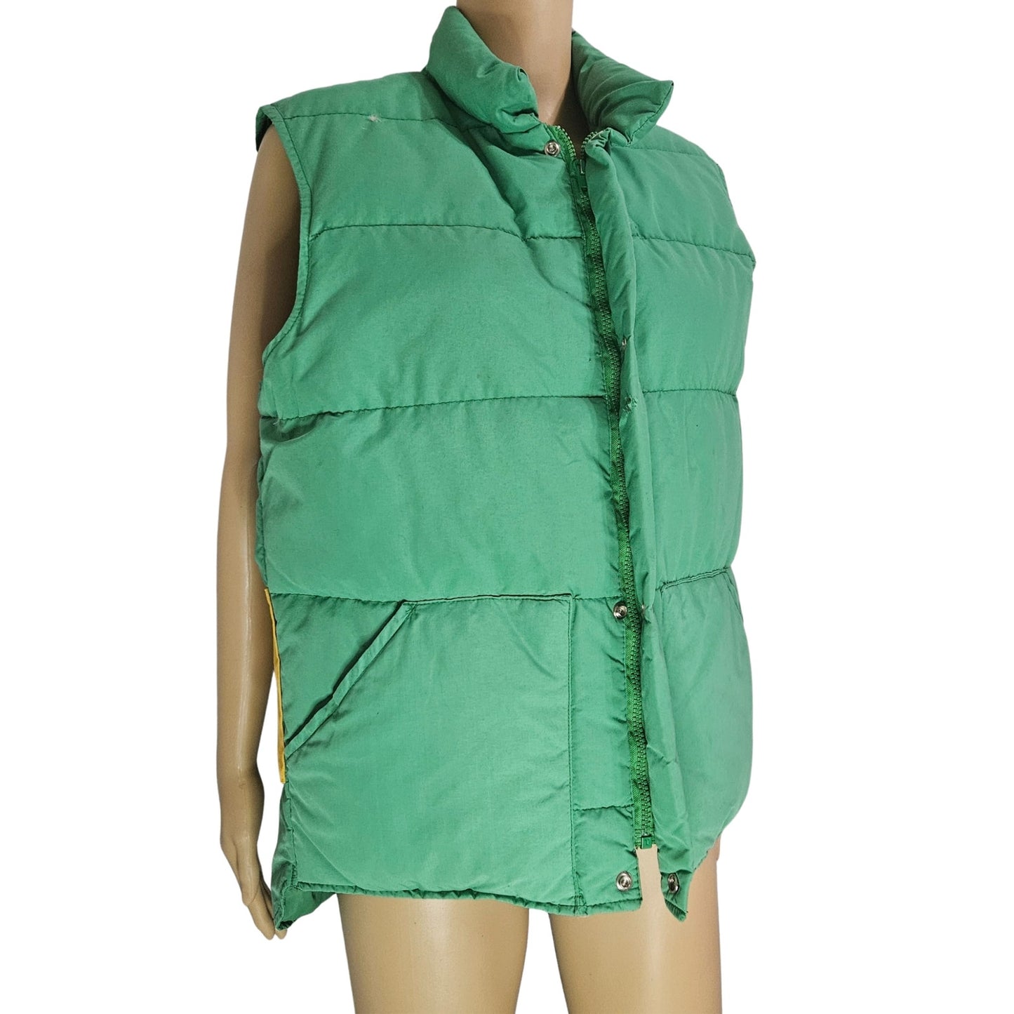 1980s Woolrich Insulated Kelly Green Yellow Goose Down Puffer Vest Size Medium [Vintage]
