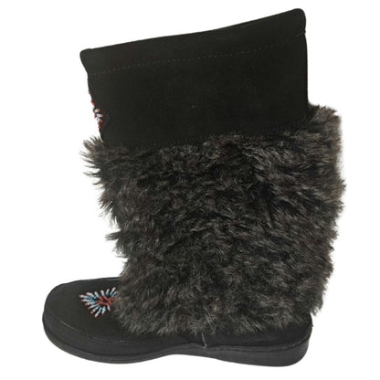 Minnetonka Mukluk Bead Detail Black Genuine Suede Leather Faux Fur Size 7 Womens