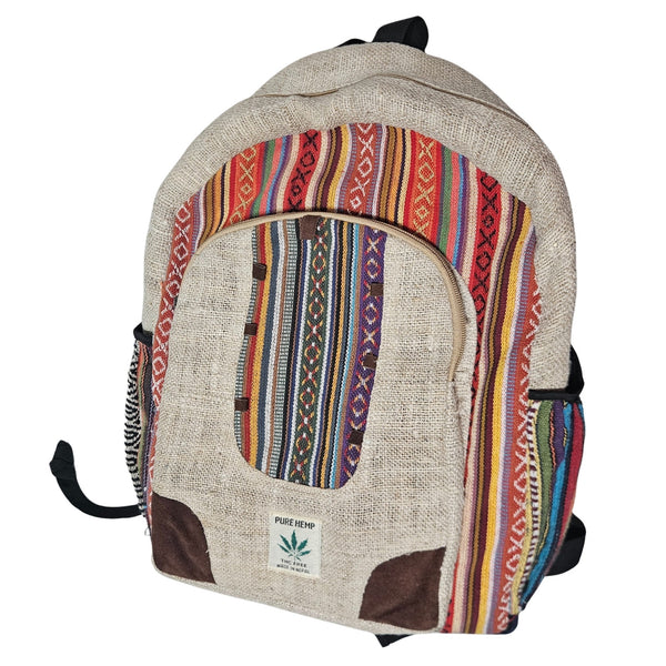 Tan Striped Handmade Pure Hemp THC FREE Laptop Holder Four Pocket Backpack