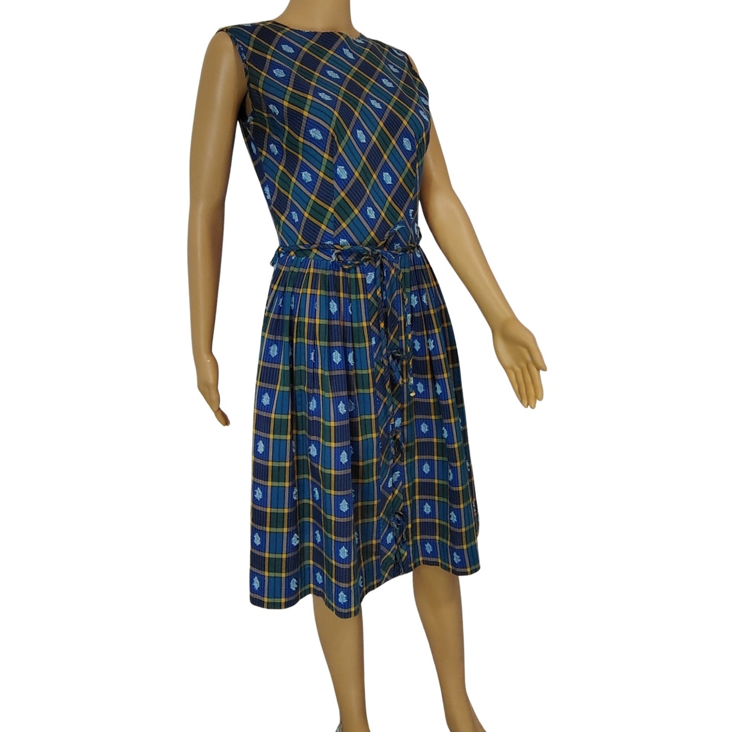 Belted Blue Green Plaid Vintage Handmade Pleated Ribbon Tie Midi Dress Size Small [Vintage]