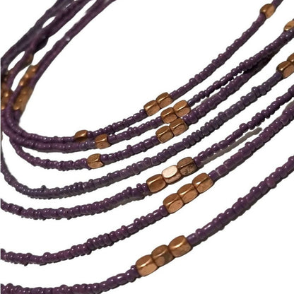 VINTAGE Seven Strand Layered Statement Necklace Purple + Square Copper Beads