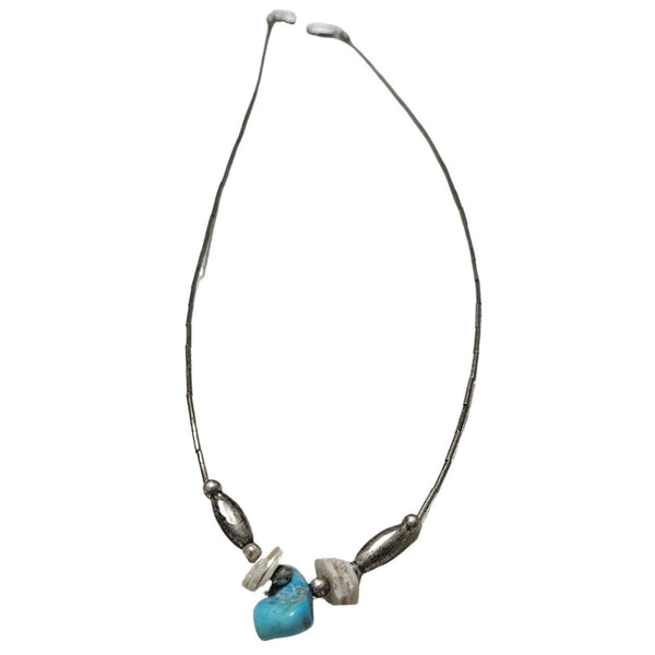 1970s Sterling Silver Liquid + Shell Beads + Uncut Turquoise Stone Necklace