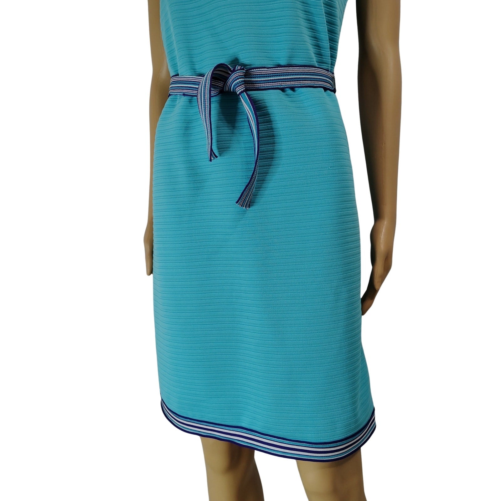 1970s Supreme Turquoise Blue Striped Texture Sleeveless High Neck Dress Size Medium [Vintage]