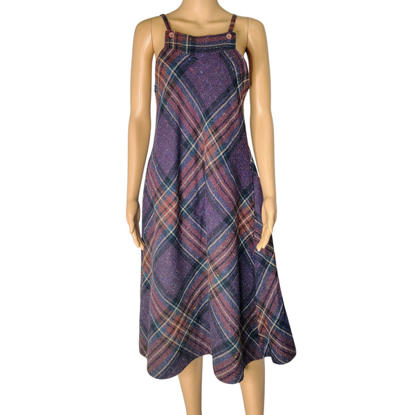 1960s Plaid Spaghetti Strap Overall Bib ALine Sheath Hidden Pockets Dress Size 5 [Vintage]