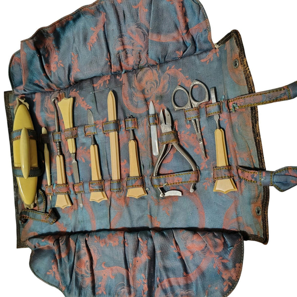 1900-1920 Tooled Leather Floral Celluloid 11 Pc Manicure Set Travel Case [Antique]