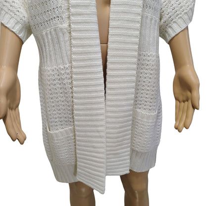 1990s Knit Wool Cardigan Cream Long Boho Open Front Short Sleeve Sweater Size L
