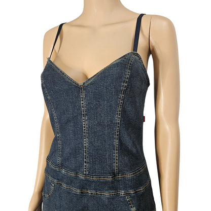 1990s Blue Stretch Denim Maxi Uneven Hemline Lace Up Back Jean Dress Size Large [Vintage]