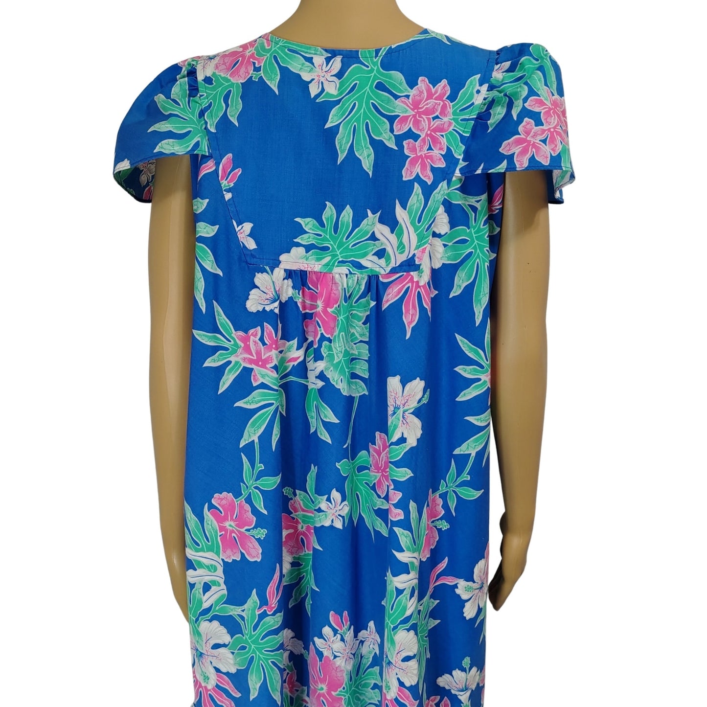 1970s Blue Hawaiian Pink Floral Pullover Caftan House Dress Cap Sleeves Wide Loose Fit [Vintage]