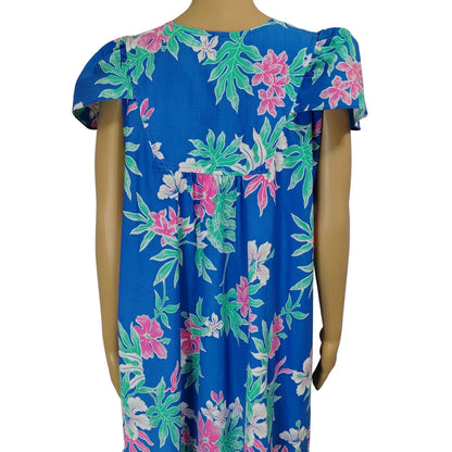 1970s Blue Hawaiian Pink Floral Pullover Caftan House Dress Cap Sleeves Wide Loose Fit [Vintage]