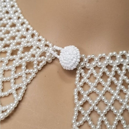 Vintage Faux Mini Multi Size White Pearl Wide Collar Bib Necklace Pearl Button
