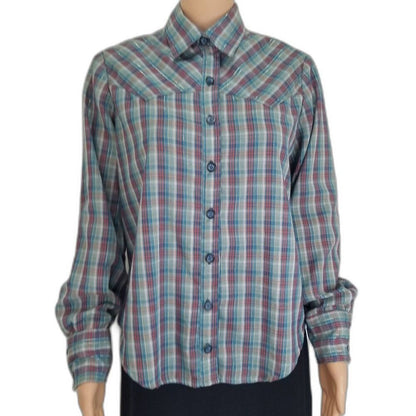 Metallic Shimmer Blue Vintage Western Cowboy Cowgirl Plaid Button Up Shirt Med