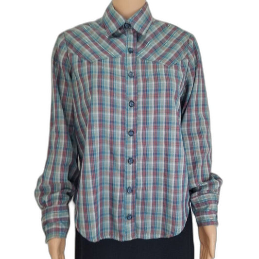 Metallic Shimmer Blue Vintage Western Cowboy Cowgirl Plaid Button Up Shirt Med