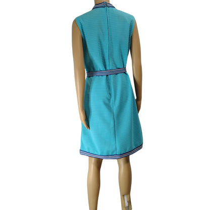 1970s Supreme Turquoise Blue Striped Texture Sleeveless High Neck Dress Size Medium [Vintage]