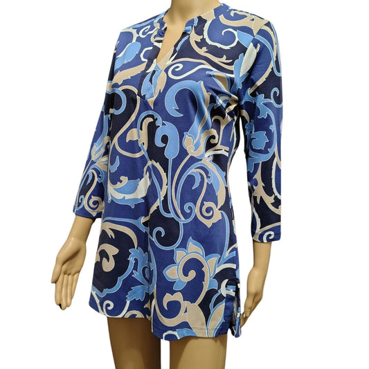 J. McLaughlin Blue Paisley 3/4 Sleeve Tunic Top Catalina Cloth V-Neck Size Small