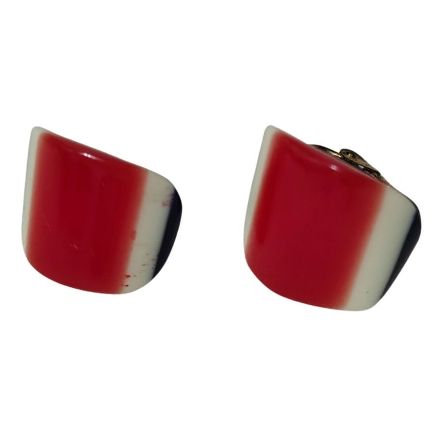 1980s Lucite Red White Blue Clip On Earrings Stacked Design [Vintage]