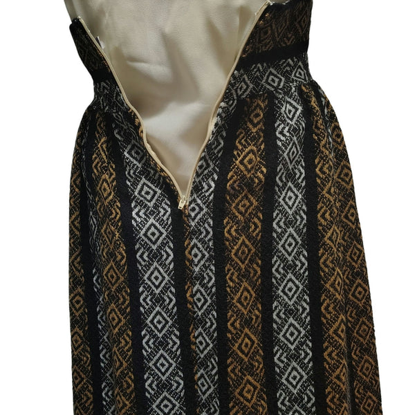 1960s High Waisted Handmade Tribal Boho Print Maxi Skirt Grommet Tie Front Size XXS [VINTAGE]