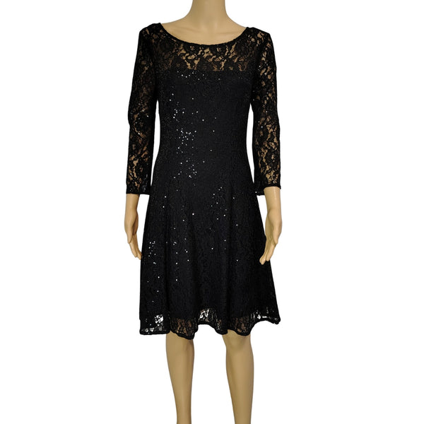 SLNY Black Sequined Illusion Lace Back Keyhole Fit Flare Knee Length Dress SZ 8