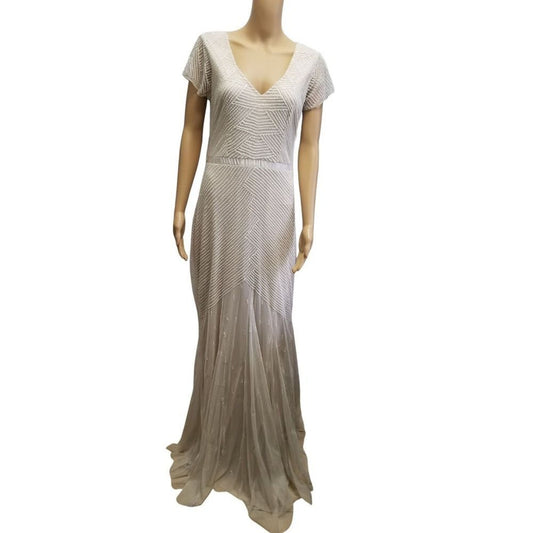 WEDDING GOWN | ADRIANNA PAPELL Cream Beaded Short Sleeve Formal Sweeper Size 12