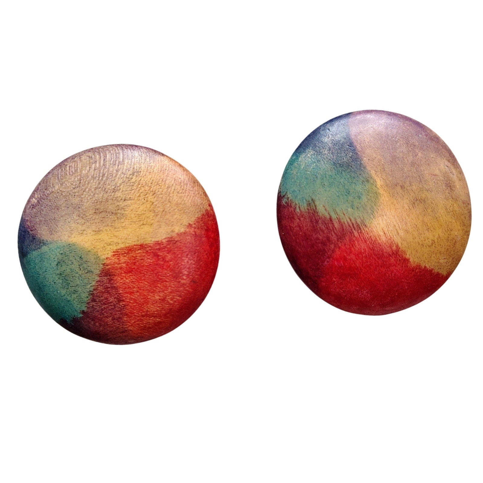 1980s Rainbow Boho Hippie Folk Art Flat Round Circular Button Wood Earrings [Vintage]
