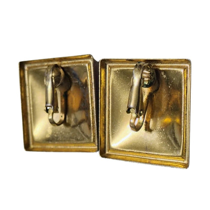 1980s Large Square Hot Pink Enamel on Gold Metal Flip Clasp Clip On Earrings