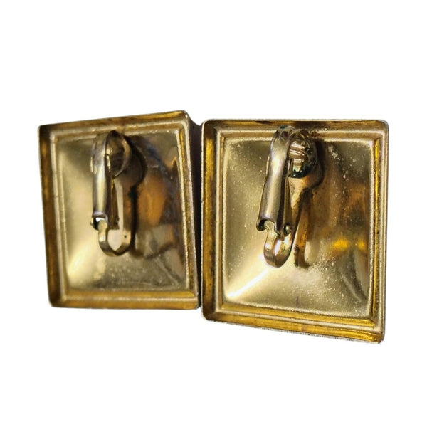 1980s Large Square Hot Pink Enamel on Gold Metal Flip Clasp Clip On Earrings