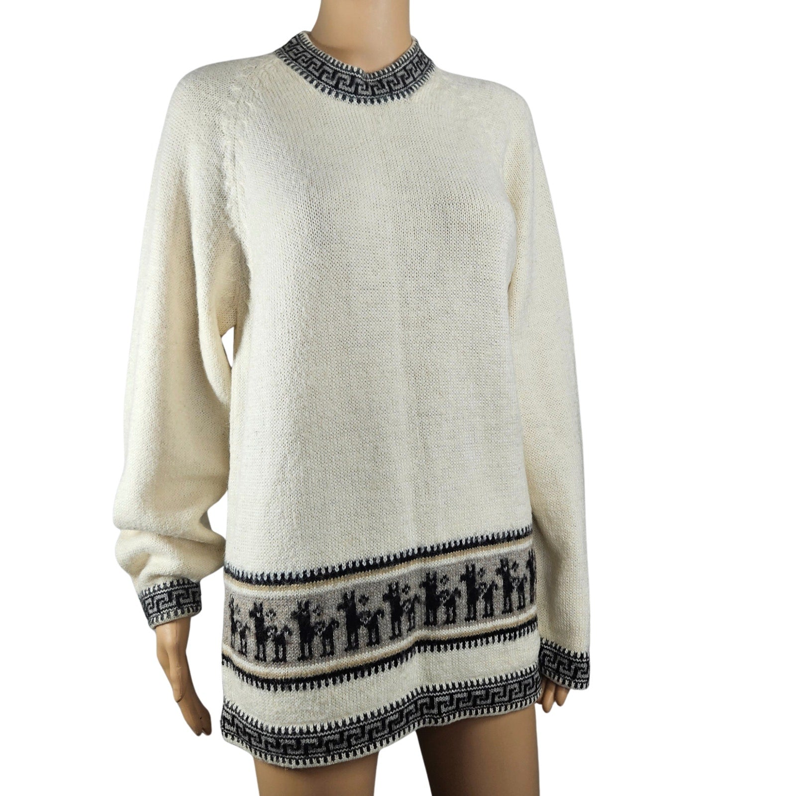 Cream PERU ALPACA Handknit Pullover Tunic Sweater Alpaca Wool Design Size Medium