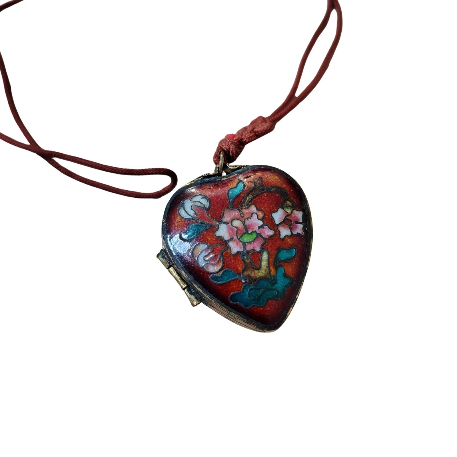 1900s Cloisonne Enamel Red Floral Heart Trinket Locket Pendant Necklace Red Cord [Antique]