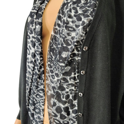 Tahari 100% Cotton Black Leopard Trim Button Front Cardigan Size Medium Petite