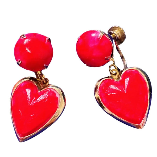 Vintage Red Drop Hearts Dangling Heart Earrings Gold Wrapped Clip On Screw Clasp