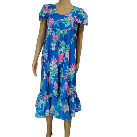 1970s Blue Hawaiian Pink Floral Pullover Caftan House Dress Cap Sleeves Wide Loose Fit [Vintage]
