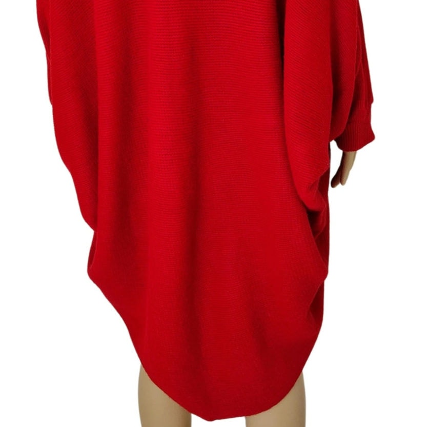 1980s Red Knit Cardigan Open Front Pleated Shoulder Round Hem Sweater One Size [Vitnage]