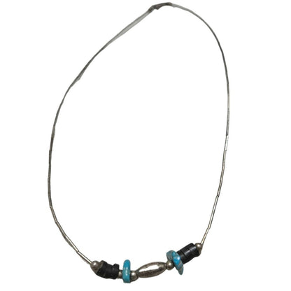 1970s Sterling Silver Liquid +  Turquoise Stones Bohemian Hippy Necklace