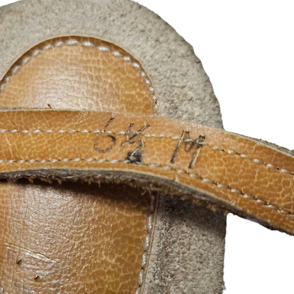 1980s Vintage Tan Leather Sandal Cork Wedge Heels Open Toe Strappy Ankle Closure