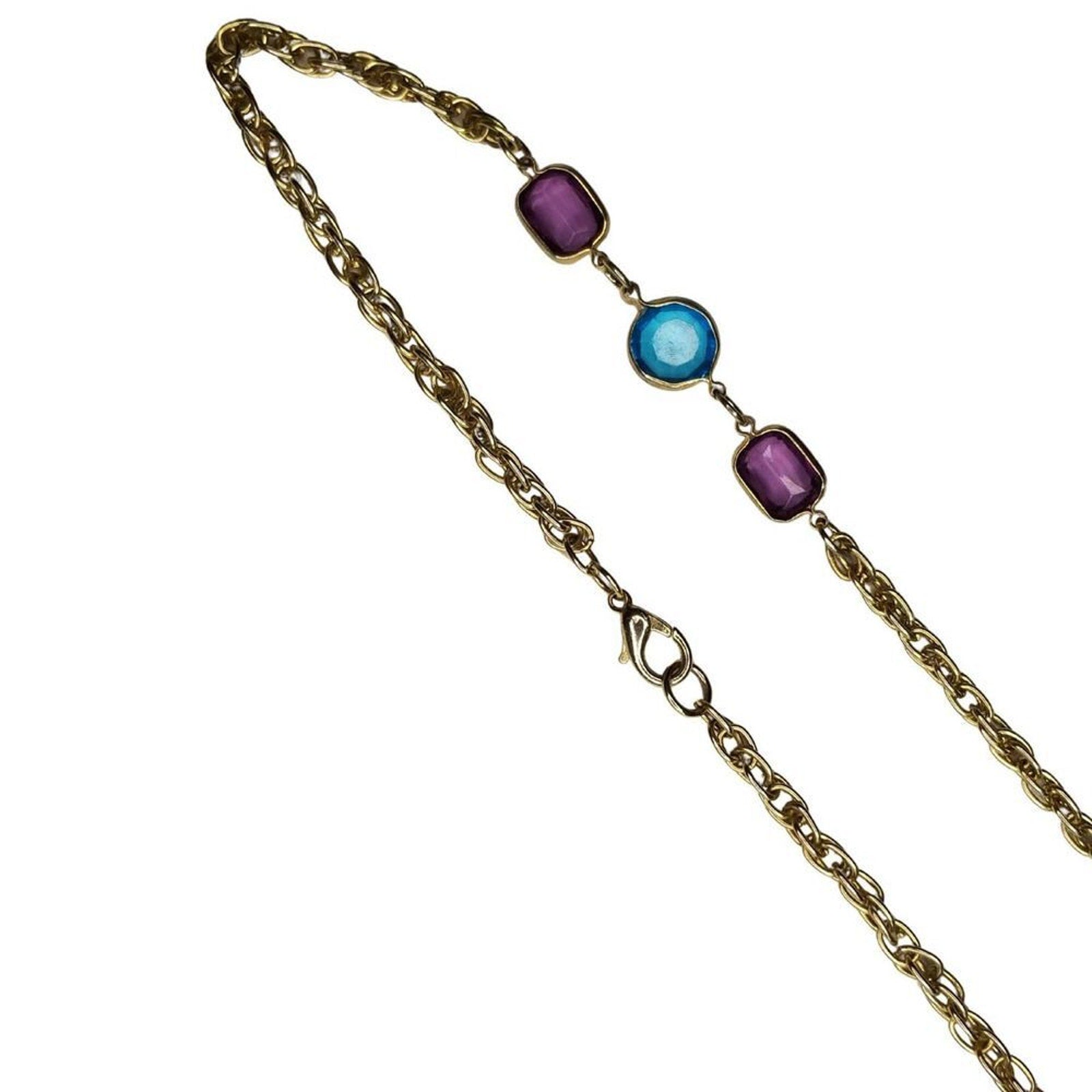 Blue Purple Gold Plated Glass Beads Chain Link 30" Long Costume Jewelry [VINTAGE]