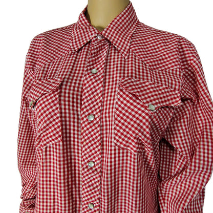 Ranchwear H Bar C Red White Checker Plaid Button Up Shirt Pearl Snaps  Size 16.5 [Vintage]