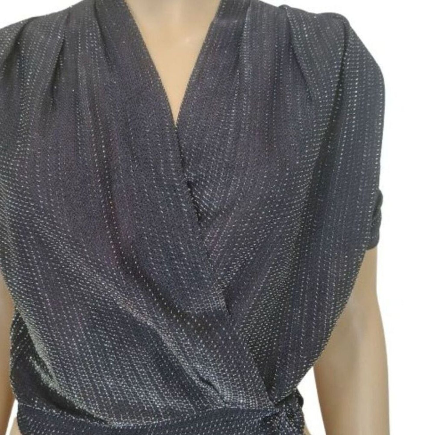70s Cropped Black Silver Metallic Thread Short Sleeve V Neck Top Size Small [Vintage]