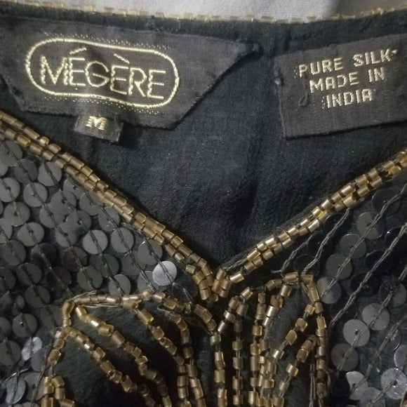 Silk Sequin Floral Short Sleeve V Neck Black Top Size Medium [VINTAGE]