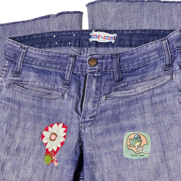 70s Love n Stuff Blue Bell Bottom Low Rise Jeans Butterfly Flower Patch Size 28 [Vintage]