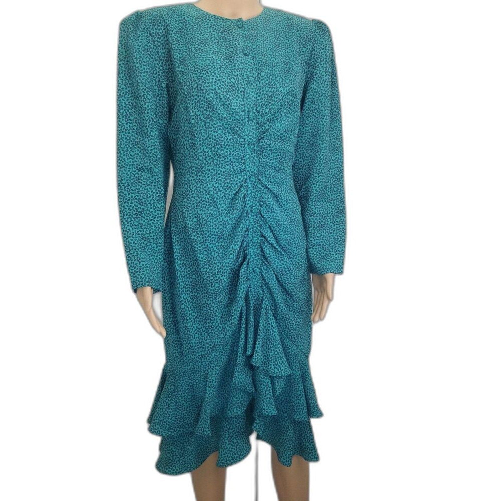 1980s Green Micro Feather Long Sleeve Mermaid Wiggle Dress Size Large [Vintage]