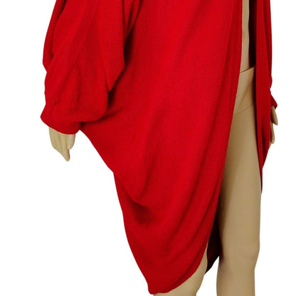 1980s Red Knit Cardigan Open Front Pleated Shoulder Round Hem Sweater One Size [Vitnage]