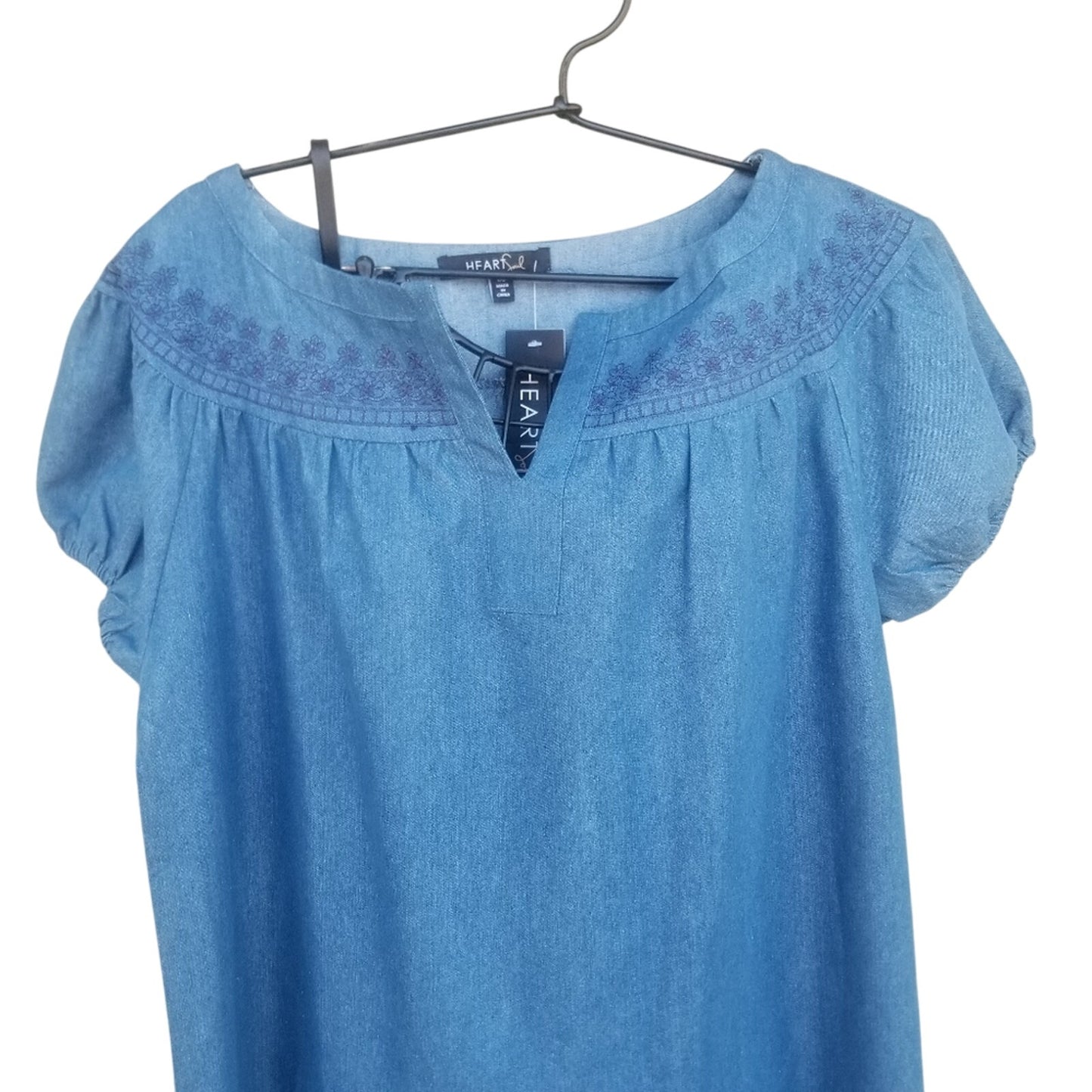 Heart Soul Embroidered Short Blue Jean Dress Cap Sleeves Lined Lace Hemline Size Large