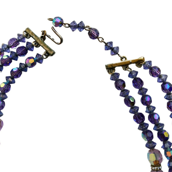 Vintage Beaded Purple Aurora Borealis Triple Strand Layered Statement Necklace