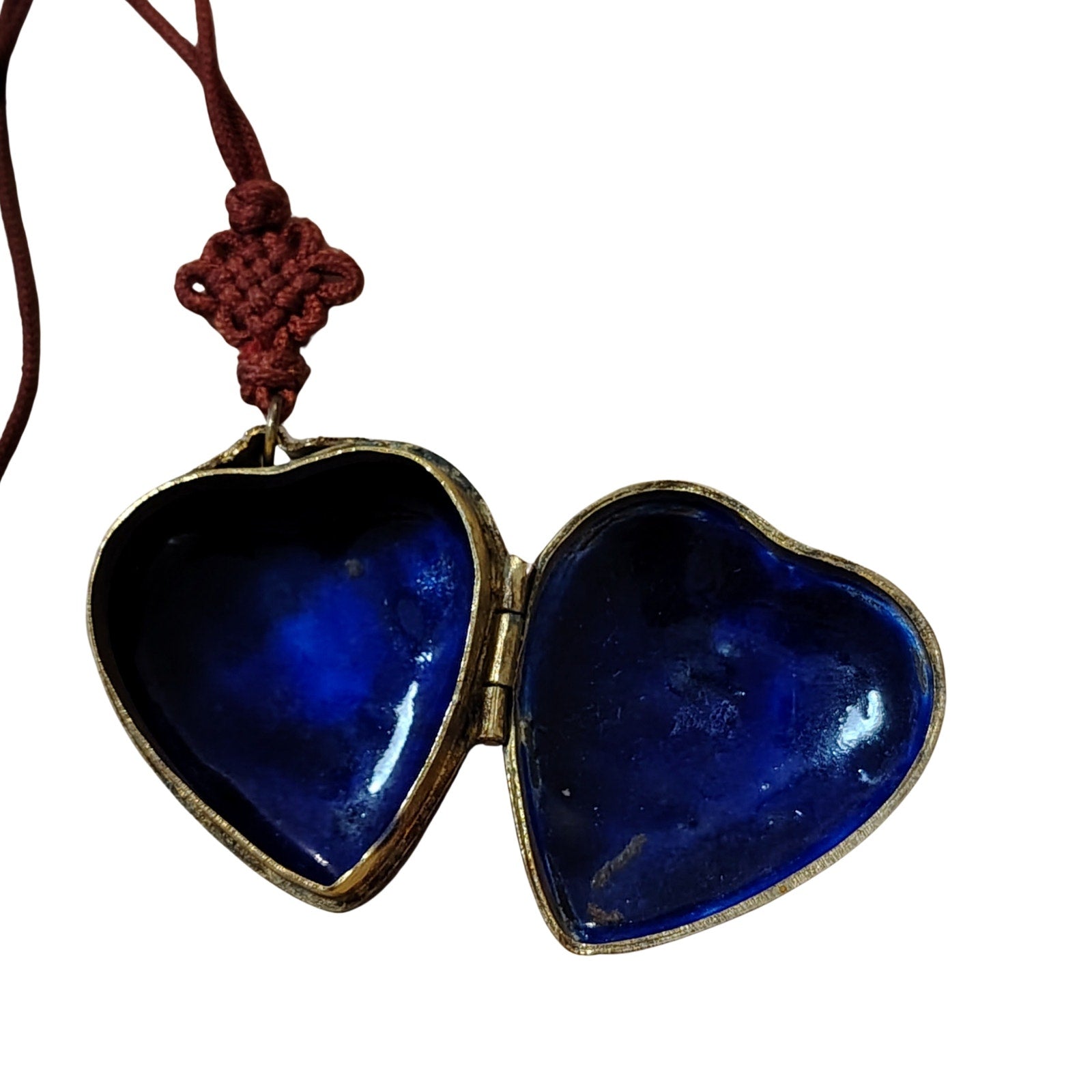 1900s Cloisonne Enamel Red Floral Heart Trinket Locket Pendant Necklace Red Cord [Antique]