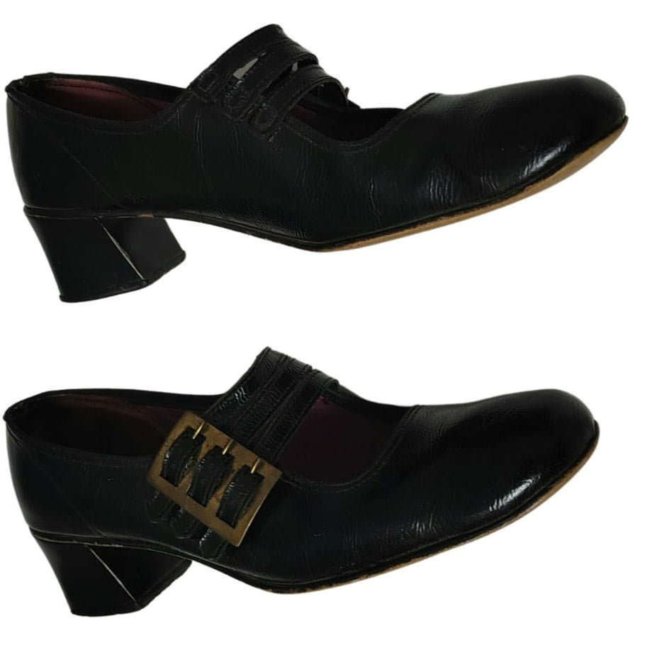 60s Mary Janes Black Leather Square Toe Block Heel Womens Shoes Size 7 [Vintage]