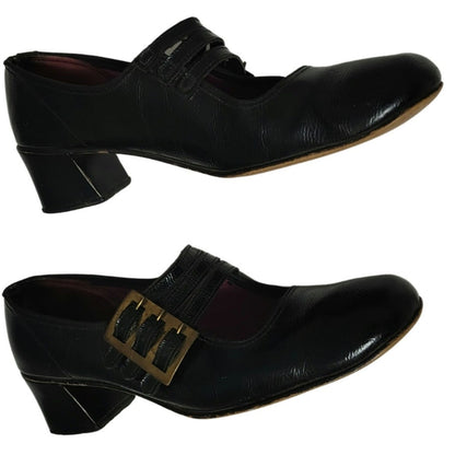 60s Mary Janes Black Leather Square Toe Block Heel Womens Shoes Size 7 [Vintage]