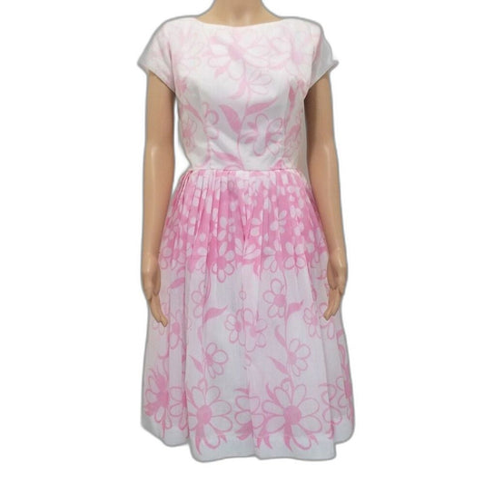 1950s Pink White Floral Handmade Pleated Fit Flare Short Sleeve Puffy Midi Dress Size Small [Vintage]