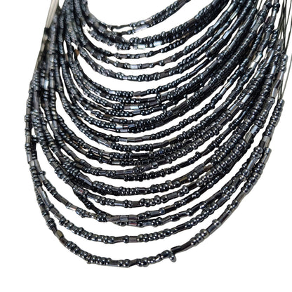 Gray Layered 30 Strand Floating Seed Beads Adjustable Statement Necklace